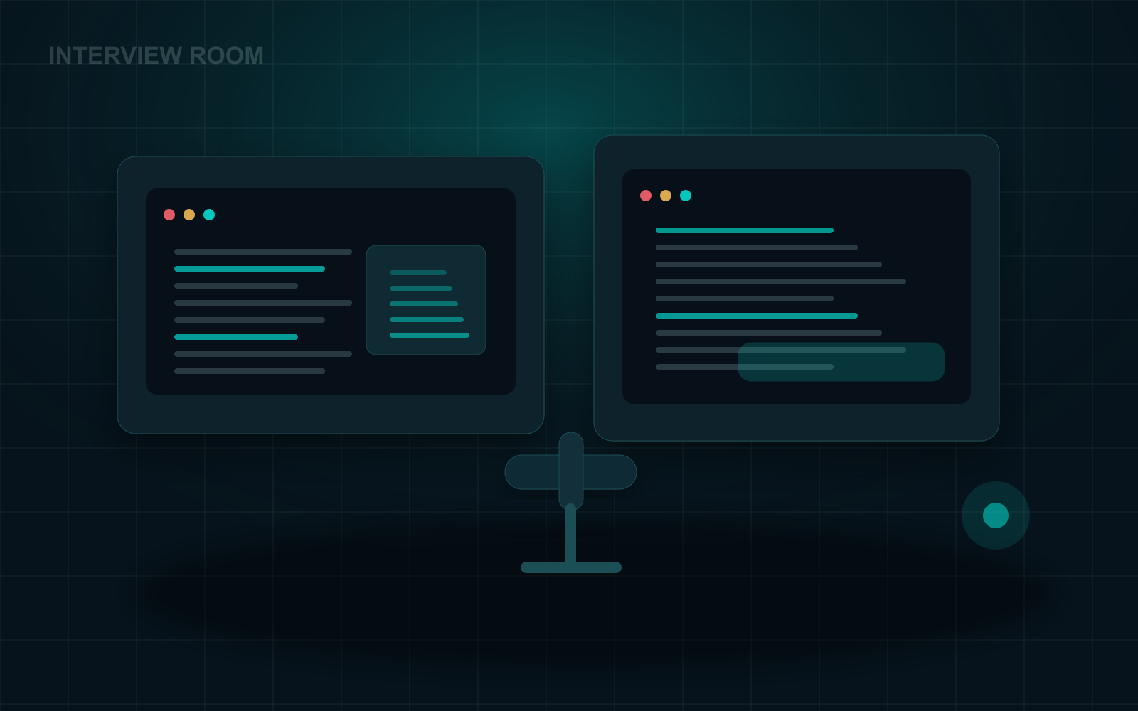Dual-monitor AI-assisted interview room with code, issue brief, assistant panel, and desk microphone