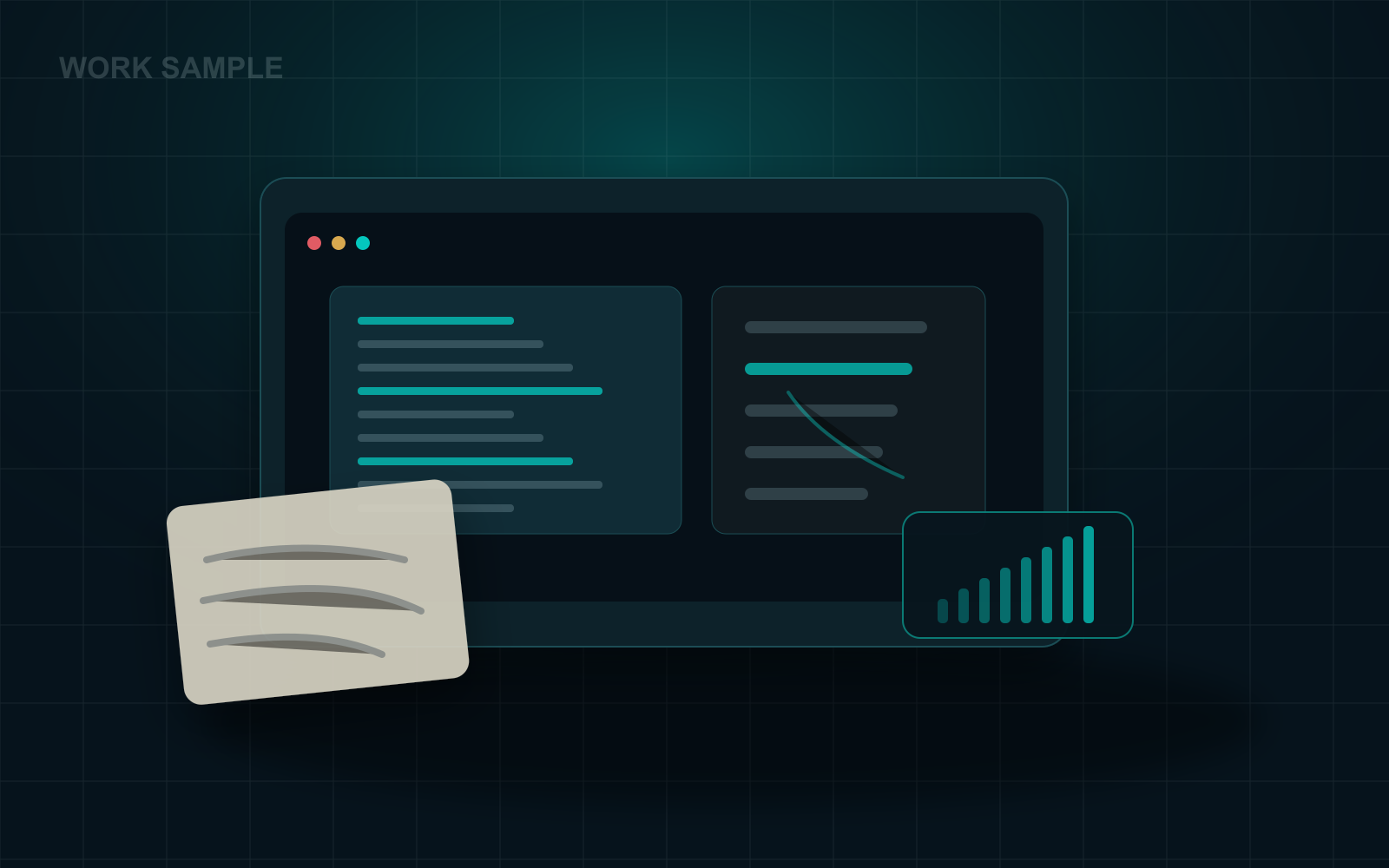 Work-sample interview desk with a code editor, scorecard, and hiring notes